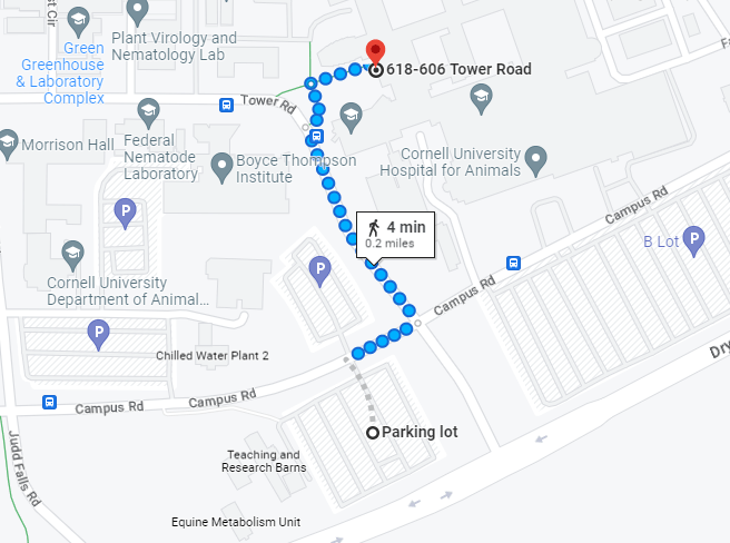 Map of walking directions from parking lot to CVM Atrium